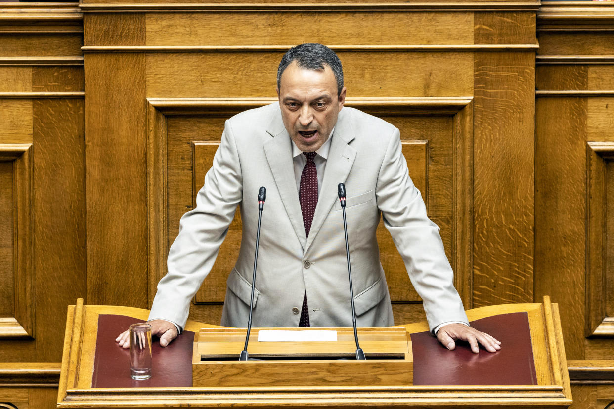 Vassilis Stigas, leader of Spartans party, in parliament in Athens, Greece, on July 8, 2023. (Yorgos Karahalis / AP file)