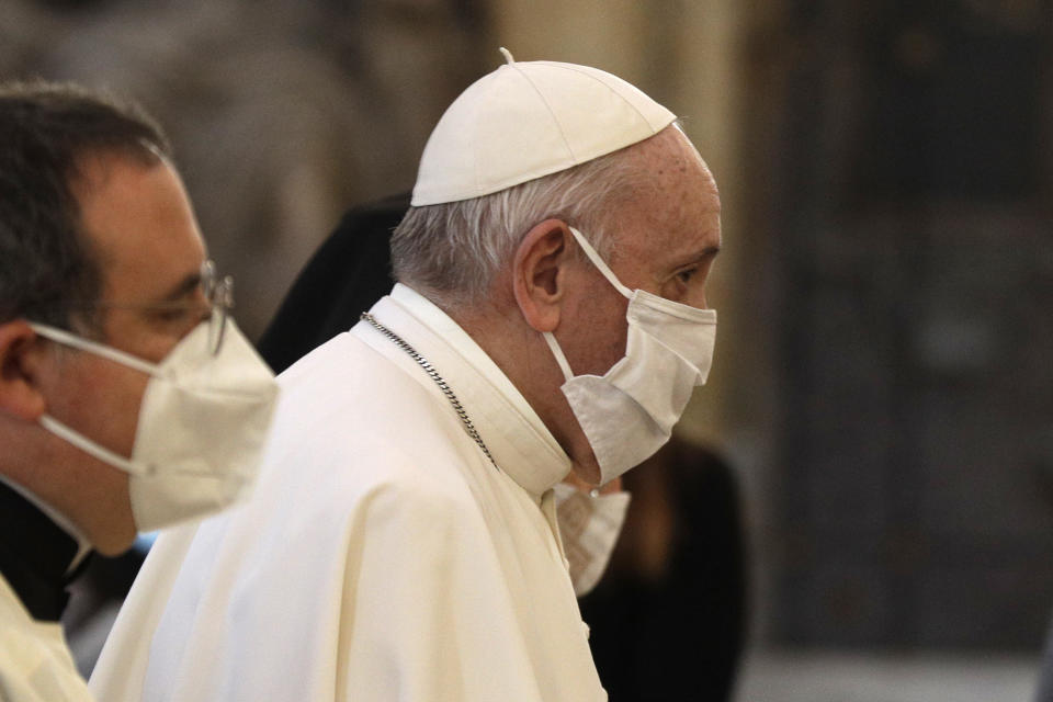 Pope Francis attends a inter-religious ceremony for peace in the Basilica of Santa Maria in Aracoeli, in Rome Tuesday, Oct. 20, 2020 (AP Photo/Gregorio Borgia)