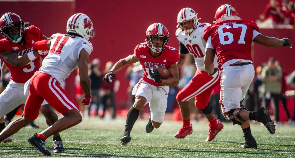 Indiana's Jaylin Lucas (12) during the first half of the Indiana versus Wisconsin football game at Memorial Stadium on Saturday, Nov. 4, 2023.