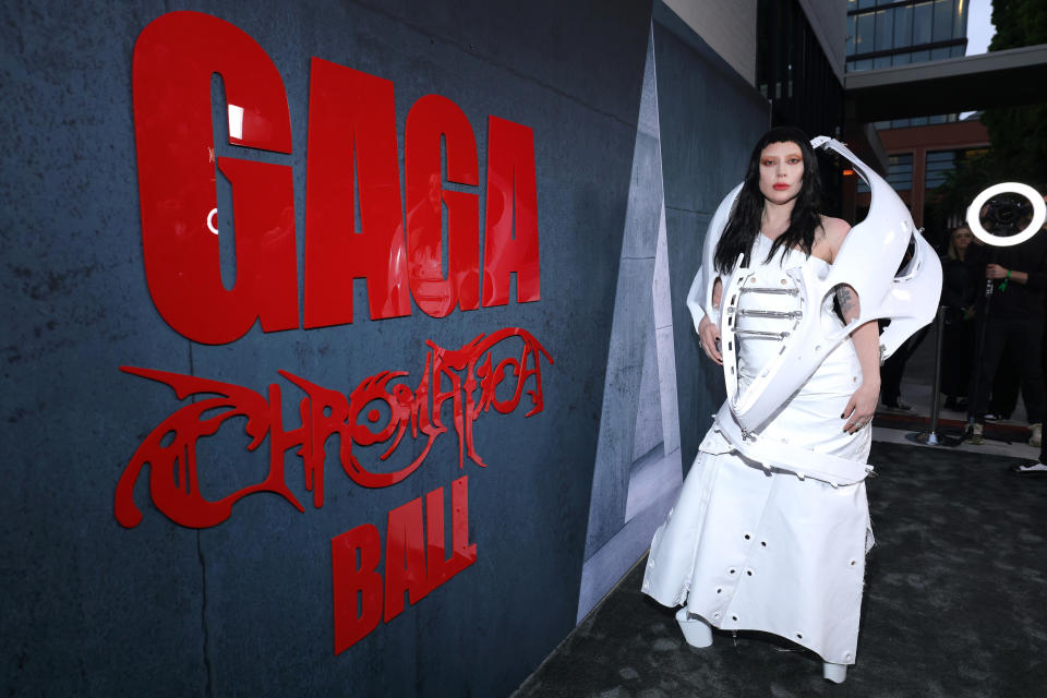 Lady Gaga in an avant-garde white dress at the Gaga Chromatica Ball