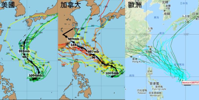 最新(19日20時)各國模式〔美國GFS(左圖)、加拿大CMC(中圖)及歐洲ECMWF(右圖)〕系集模擬顯示，大致從琉球附近北上至影響台灣，機率皆存在。(取自「三立準氣象·老大洩天機」專欄)