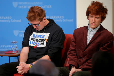 FILE PHOTO: Matt Deitsch and Ryan Deitsch, survivors of the February mass shooting at the Marjory Stoneman Douglas High School, discuss their "#NeverAgain" push to end school shootings at Harvard University's Kennedy School of Government in Cambridge, Massachusetts, U.S. March 20, 2018. REUTERS/Brian Snyder/File Photo