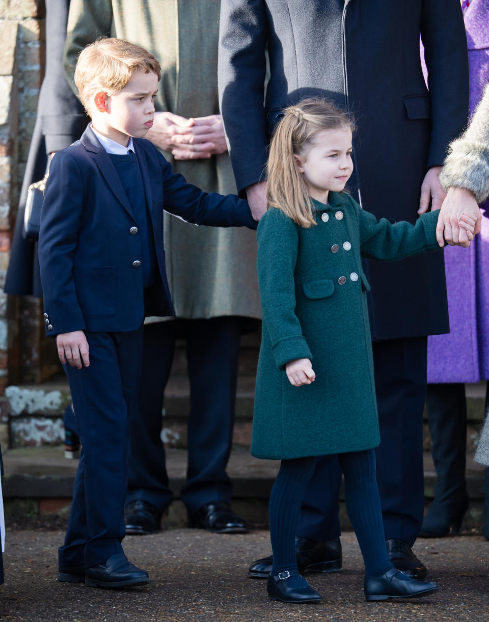 KING'S LYNN, ENGLAND - DECEMBER 25: Prince George of Cambridge and  Princess Charlotte of Cambridge attend the Christmas Day Church service at Church of St Mary Magdalene on the Sandringham estate on December 25, 2019 in King's Lynn, United Kingdom. (Photo by Pool/Samir Hussein/WireImage)