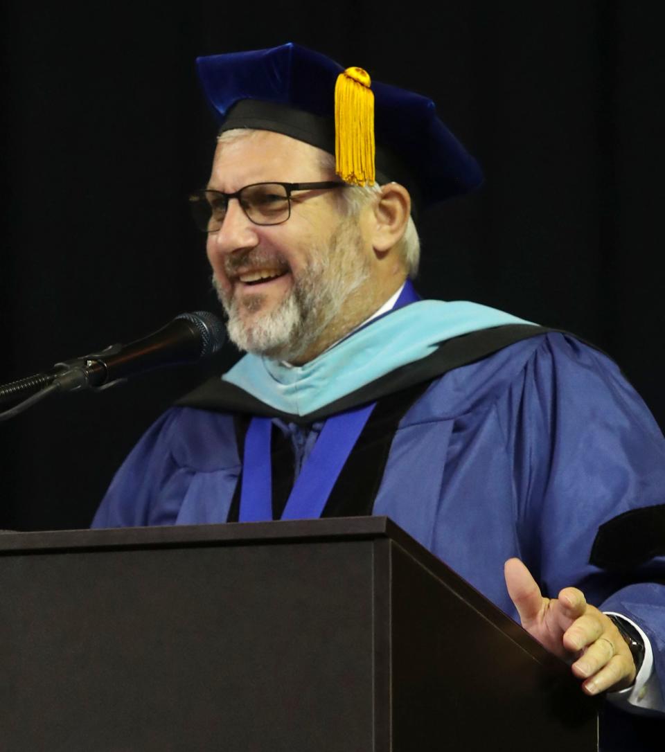 Christina School District superintendent Dan Shelton speaks as Christiana High School honors more than 200 members of the Class of 2023 at its 60th commencement, Tuesday, June 13, 2023, at the Bob Carpenter Center.