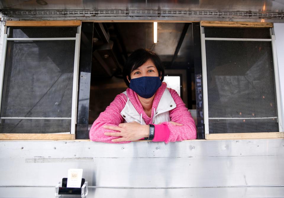 Akiko Takara poses for a portrait at Cary's Bakeshop, a Japanese baked goods food cart in south Salem.