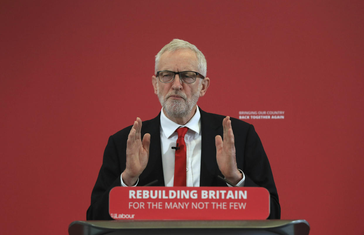 Britain's Labour Party leader Jeremy Corbyn launches his party's European election campaign at the University of Kent in Chatham, Thursday May 9, 2019. (Gareth Fuller/PA via AP)