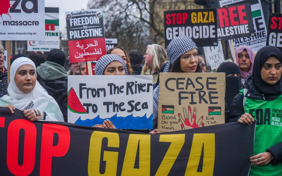 Demonstrators carry placards bearing the controversial slogan 'From the river to the sea'