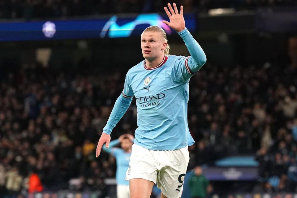 Erling Haaland celebrates his fifth goal in the rout of RB Leipzig (Nick Potts/PA) (PA Wire)