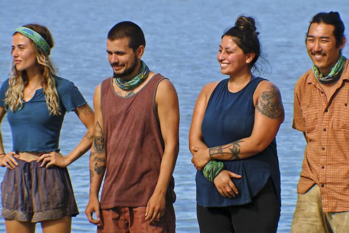 “Hiding in Plain Sight”– As the tide rises and falls, castaways hold their breath to find out who will win the immunity challenge. Also, one castaway will spy something hidden in plain sight, on SURVIVOR, Wednesday, Nov. 30 (8:00-9:00 PM, ET/PT) on the CBS Television Network, and available to stream live and on demand on Paramount+. Pictured (L-R): Cassidy Clark, Jesse Lopez, Karla Cruz Godoy and Owen Knight. Photo: CBS ©2022 CBS Broadcasting, Inc. All Rights Reserved. Highest quality screengrab available.