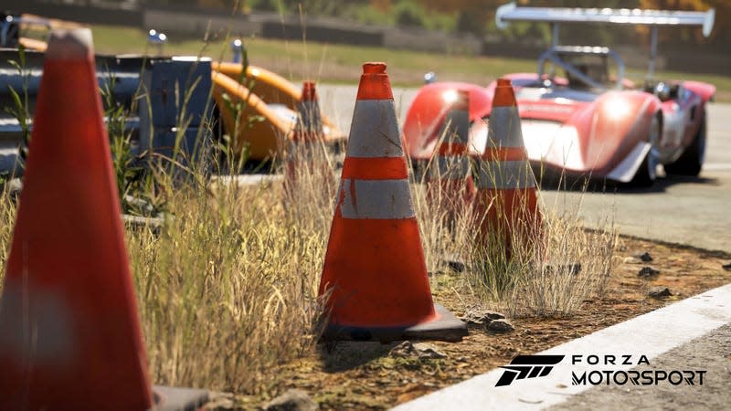 A promotional image from the new Forza Motorsport showing vegetation detail at the Maple Valley circuit, with vintage McLaren Can-Am prototypes in the background.