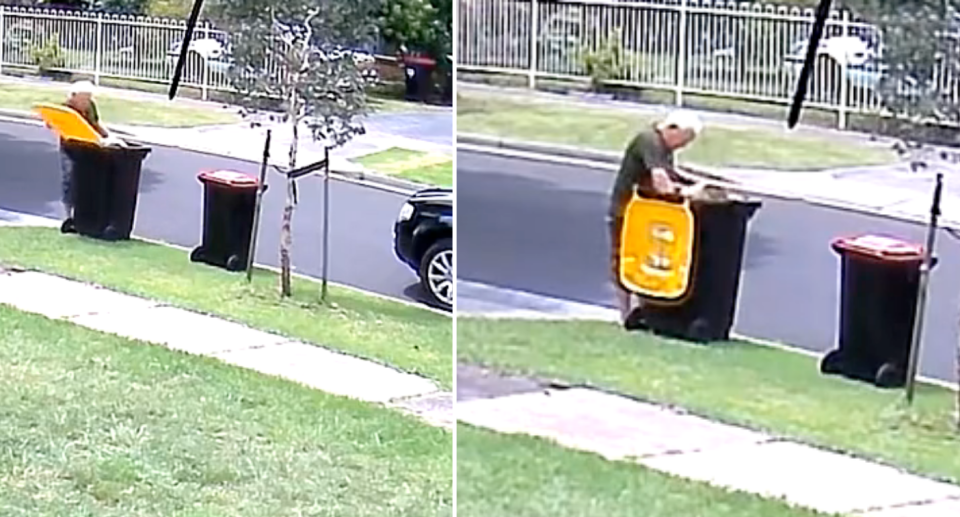 Screenshots from the video of a man going through a yellow-lidded recycling bin.