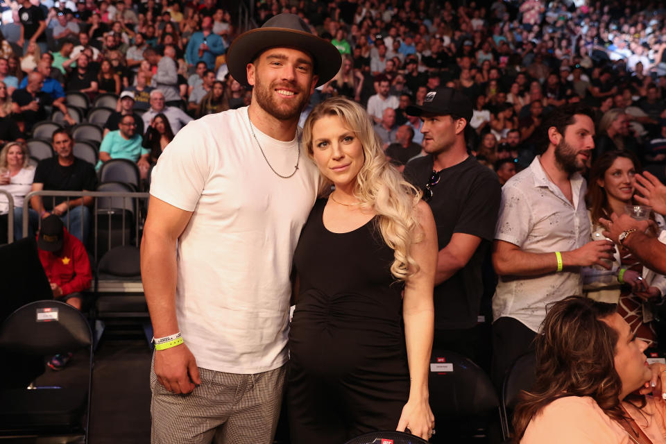 PHOENIX, ARIZONA - MAY 07: Arizona Cardinals football player, Zach Ertz and wife Julie Ertz pose together while attending UFC 274 at Footprint Center on May 07, 2022 in Phoenix, Arizona.  (Photo by Christian Petersen/Getty Images)