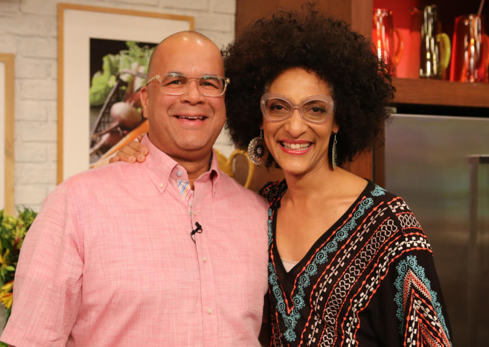 Matthew Lyons visits Carla Hall on the set of "The Chew" in 2015.<p>Fred Lee/Disney General Entertainment Content via Getty Images</p>