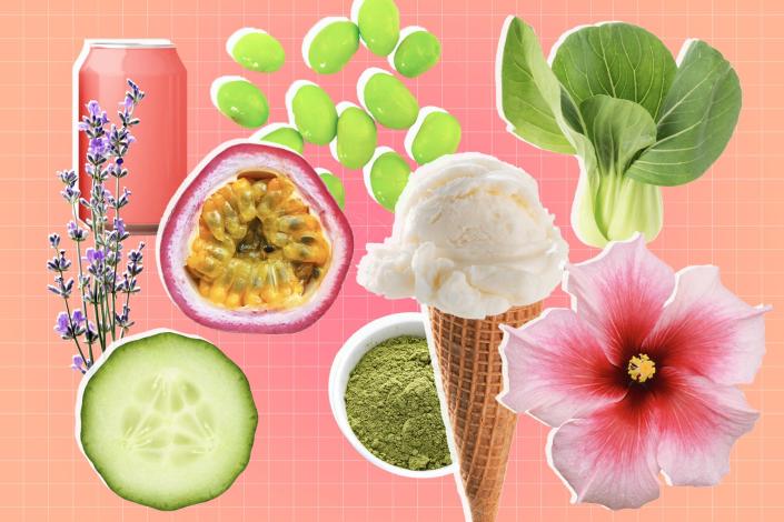 ice cream cone, cucumber slice, hibiscus flower, lavender, pink can, edamame, passion fruit