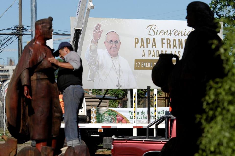 A banner reading ‘Welcome Pope Francis’ ahead of the papal visit, in Temuco, Chile, on 10 January.