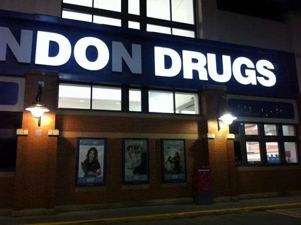 Another London Drugs sign, this time burnt out to spell 