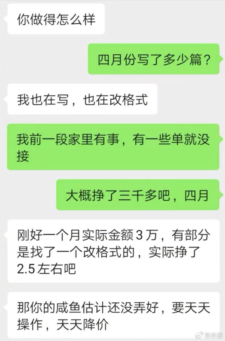 一位寫手自稱4月幫他人代寫論文及修改論文格式，收入3萬元人民幣。（圖／翻攝自微博）