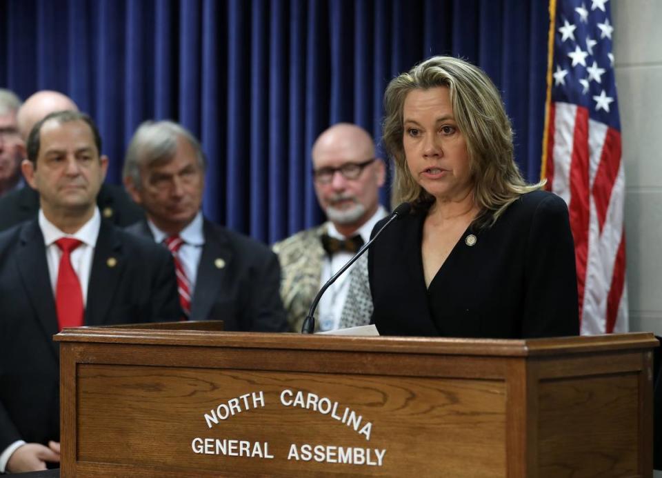 North Carolina Sen. Amy Galey speaks during a press conference in th this February 2023 file photo.