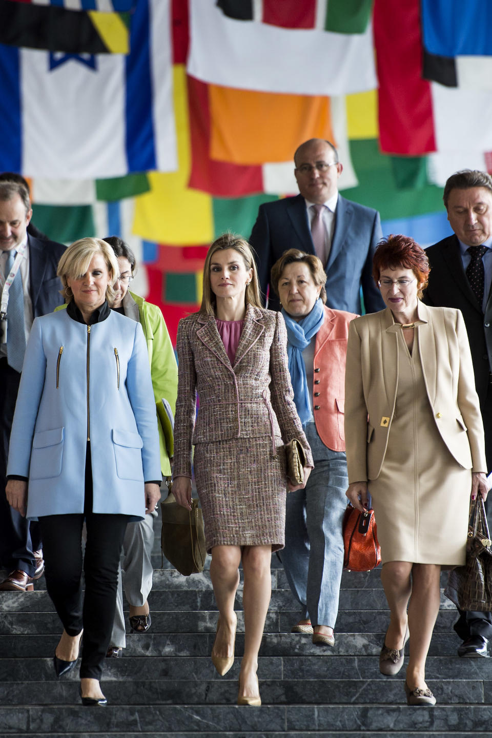 Spanish Princess Letizia, , center, arrives for a meeting at the World Health Organization, WHO, headquarters, in Geneva, Switzerland, Tuesday, May 13, 2014. (AP Photo/Keystone,Jean-Christophe Bott)