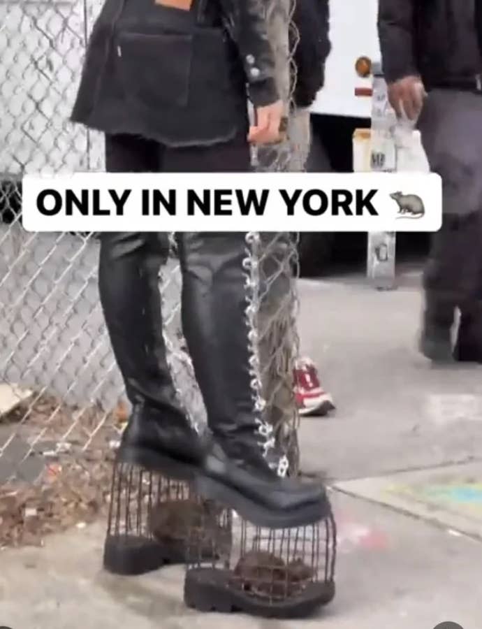 Person in platform shoes with a small cage containing a rat attached to the heel, text "ONLY IN NEW YORK" at top