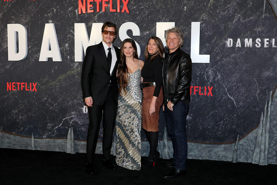 (L-R) Jake Bongiovi, Millie Bobby Brown, Dorothea Hurley and Jon Bon Jovi