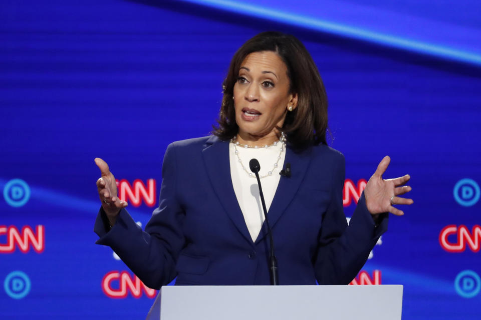 FILE - In this Oct. 15, 2019, file photo, then-Democratic presidential candidate Sen. Kamala Harris, D-Calif., speaks during a Democratic presidential primary debate in Westerville, Ohio. Democratic presidential candidate former Vice President Joe Biden has chosen Harris as his running mate. (AP Photo/John Minchillo, File)