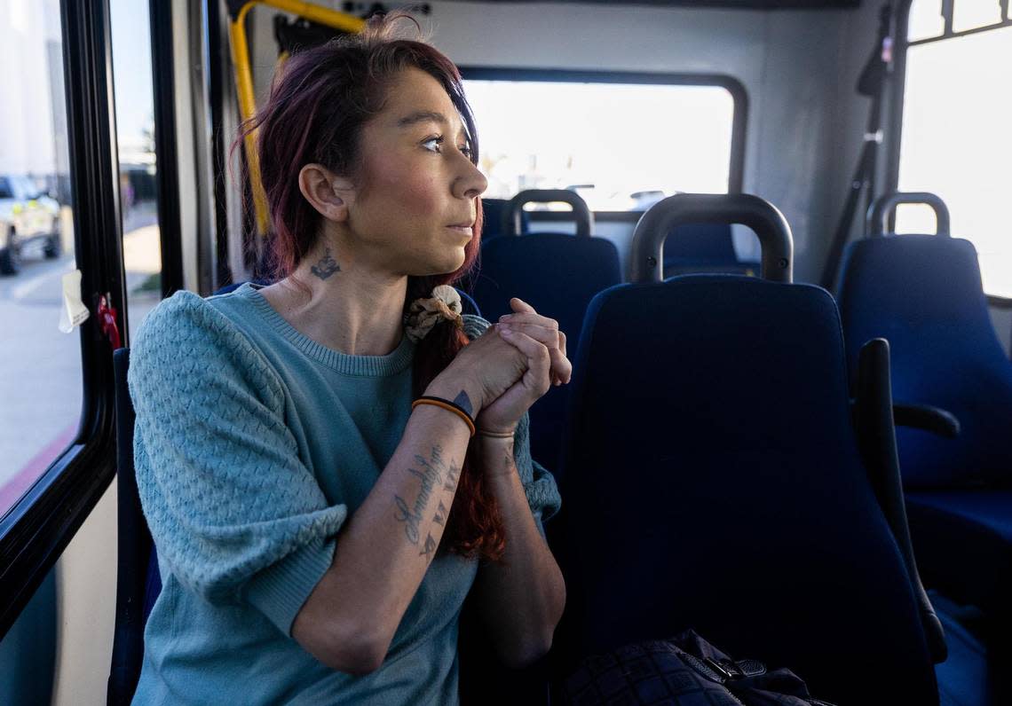 Alexandrea Ruiz takes a shuttle to her medical appointment at Parkland Memorial Hospital after dropping her children at Annie’s Place in October. “Honestly, if I hadn’t found and started using Annie’s Place I wouldn’t be here today,” said Ruiz.