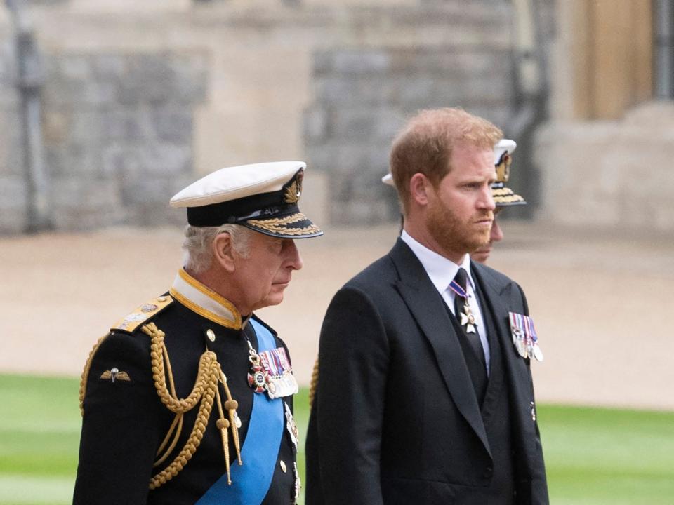King Charles and Prince Harry at Queen Elizabeth's funeral