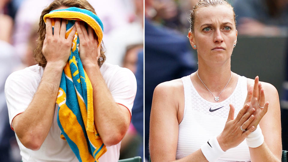 Stefanos Tsitsipas and Petra Kvitova, pictured here after being ousted in the first round at Wimbledon.