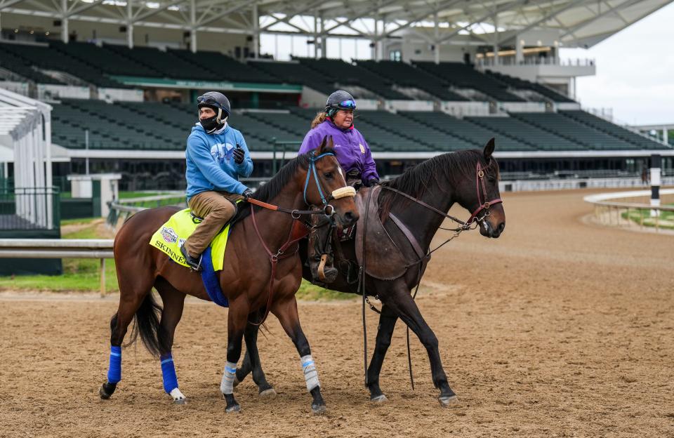 Kentucky Derby contender Skinner, with exercise rider Donnie Balthazar on board, was led to the track by pony rider Monnie Goetz at Churchill Downs Monday morning May 1, 2023, in Louisville, Ky. Goetz was escorted by trainer John Shirreff's Giacomo to the post in the 2005 Derby then watched him win at odds of 50-1.