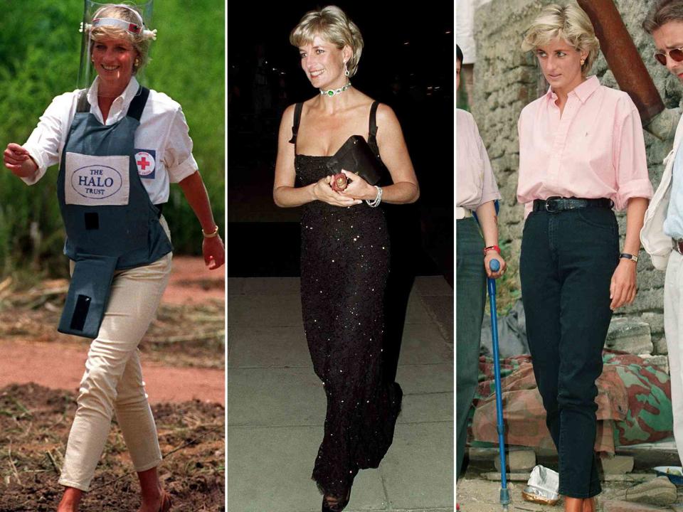 <p>John Stillwell - PA Images/PA Images/Getty ; Kent Gavin/Mirrorpix/Getty ; Kent Gavin/Mirrorpix/Getty</p> Princess Diana walks through a minefield in Angola. ; Princess Diana at the Tate Gallery on July 1, 1997. ; Princess Diana during her visit to Bosnia. 