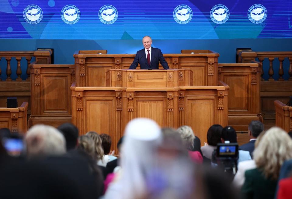 Russian President Vladimir Putin attends the Eurasian Women's Forum in Saint Petersburg, Russia September 18, 2024.  