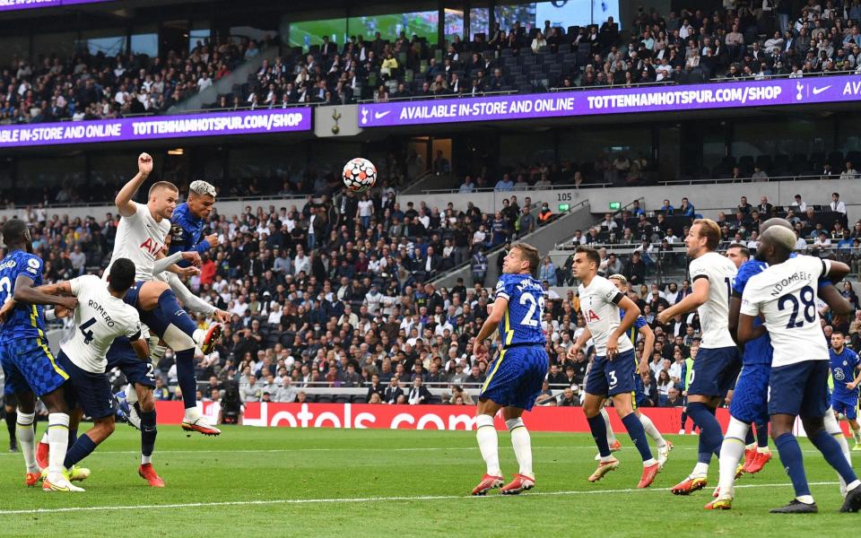 Chelsea's Brazilian defender Thiago Silva (4L) heads the ball to scores his team's first goal  - AFP