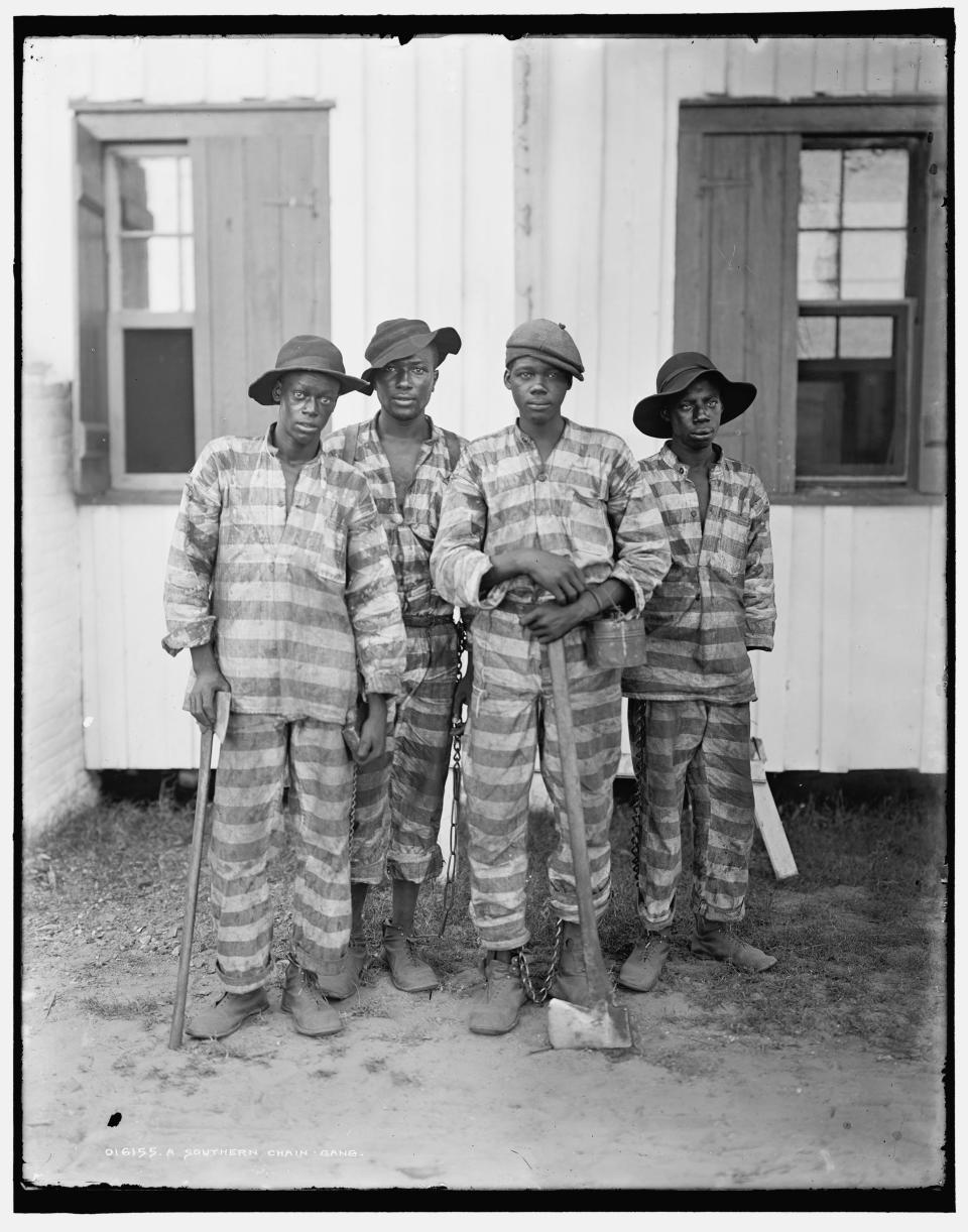 Portrait of a Southern chain gang, circa 1900s. The convict leasing system grew out of post Civil War Black Codes, which allowed Black people to be imprisoned for the most trivial offenses and then loaned out as free labor for businesses.