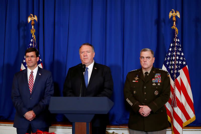 FILE PHOTO: U.S. Secretary of State Mike Pompeo speaks about airstrikes by the U.S. military in Iraq and Syria, at the Mar-a-Lago resort in Palm Beach, Florida