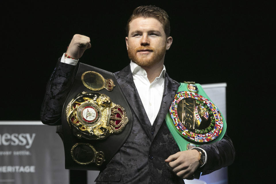 Canelo Alvarez is looking to claim a third title belt on Saturday at Madison Square Garden vs. Rocky Fielding. (AP Photo/Richard Drew)