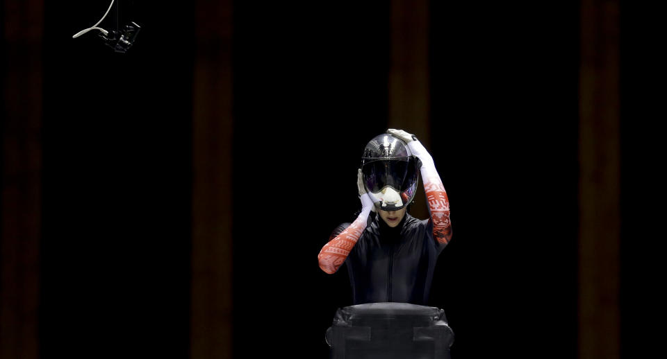 Janine Flock of Austria prepares for her training run prior to the 2014 Winter Olympics, Wednesday, Feb. 5, 2014, in Krasnaya Polyana, Russia. (AP Photo/Natacha Pisarenko)