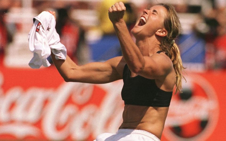 Brandi Chastain’s celebration in 1999 saw the world first train its eyes on a female footballer exposing her bra  - AP