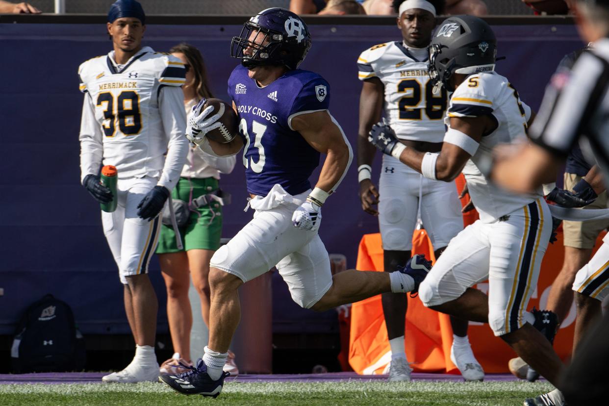 Jordan Fuller, shown playing earlier this season, rushed for 147 yards and four touchdowns in Holy Cross' win Saturday at Bucknell.