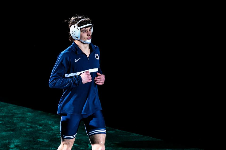Penn State's Levi Haines is introduced before wrestling North Carolina's Austin O'Connor at 157 pounds in the finals during the sixth session of the NCAA Division I Wrestling Championships, Saturday, March 18, 2023, at BOK Center in Tulsa, Okla.