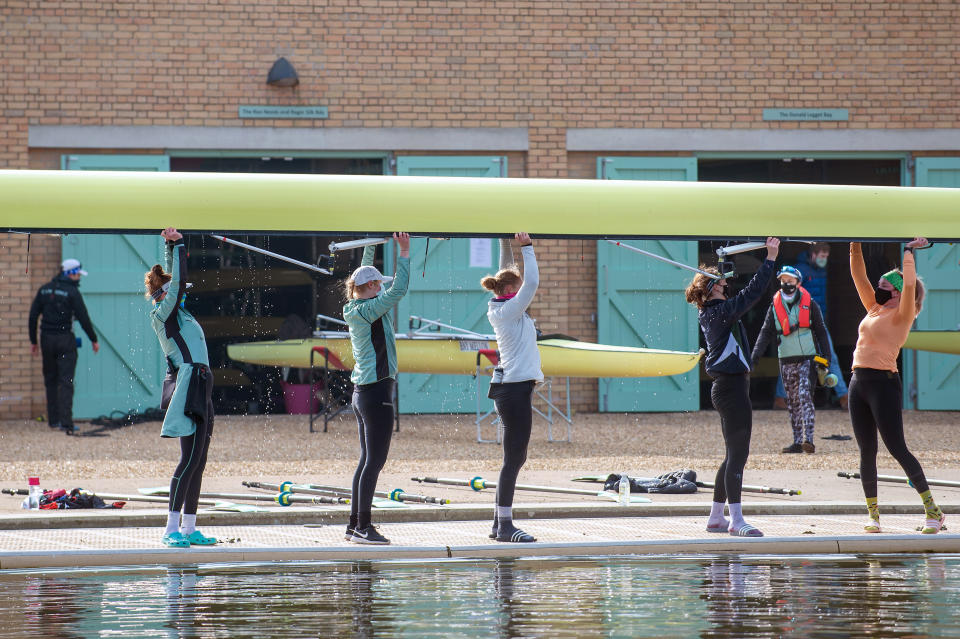 <p>Cambridge University Boat Club crews train on the River Great Ouse near Ely in Cambridgeshire for the first time, as the Blue boats of Cambridge University Boat Club can return to training on the water from today under the strict Covid guidelines for elite sport agreed with the UK government.</p>
