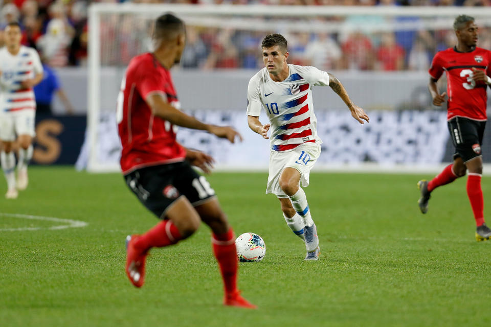 CLEVELAND, OH - JUNE 22:  Christian Pulisic #10 of the USA controls the ball during the CONCACAF Gold Cup Group D match against Trinidad and Tobago at FirstEnergy Stadium on June 22, 2019 in Cleveland, Ohio. The USA defeated Trinidad and Tobago 6-0. (Photo by Kirk Irwin/Getty Images)