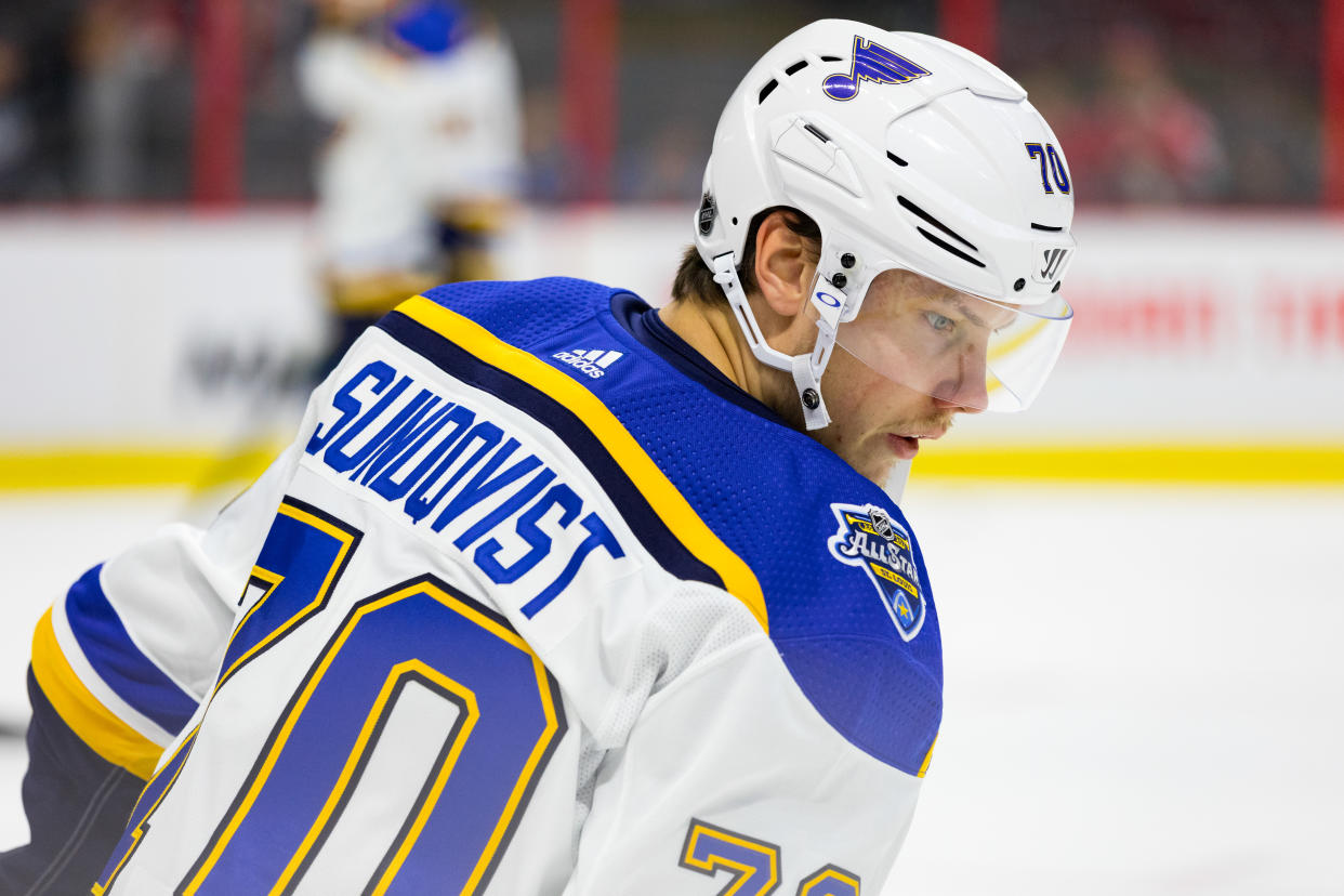 OTTAWA, ON - OCTOBER 10: St. Louis Blues Center Oskar Sundqvist (70) during warm-up before National Hockey League action between the St. Louis Blues and Ottawa Senators on October 10, 2019, at Canadian Tire Centre in Ottawa, ON, Canada. (Photo by Richard A. Whittaker/Icon Sportswire via Getty Images)