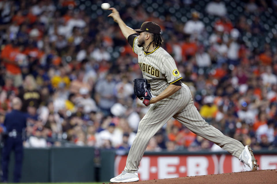 San Diego Padres starting pitcher Dinelson Lamet throws to a Houston Astros batter during the first inning of a baseball game Friday, May 28, 2021, in Houston. (AP Photo/Michael Wyke)