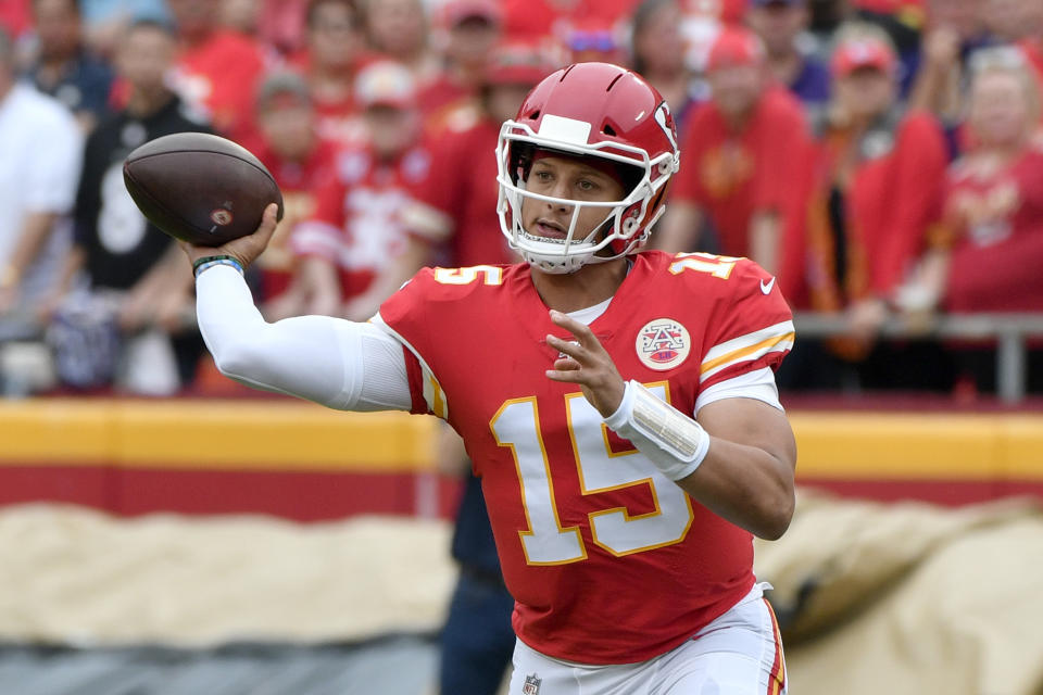 Kansas City Chiefs quarterback Patrick Mahomes (15) throws a pass during the first half of an NFL football game against the Baltimore Ravens in Kansas City, Mo., Sunday, Sept. 22, 2019. (AP Photo/Ed Zurga)