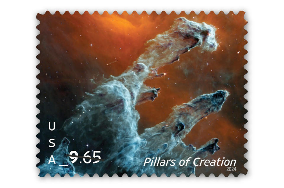 stamp showing a hand-shaped grayish nebula against a reddish-orange background, with the words 