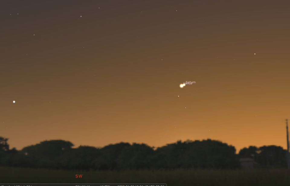 This image shows the The close pairing of Venus and Saturn in late January.