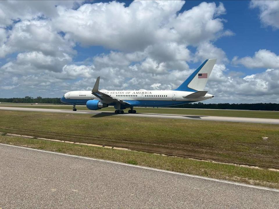 A C32 plane with “United States of America” made a brief stop at the Gulfport-Biloxi International Airport April 26 while pilots touched down during a training run.