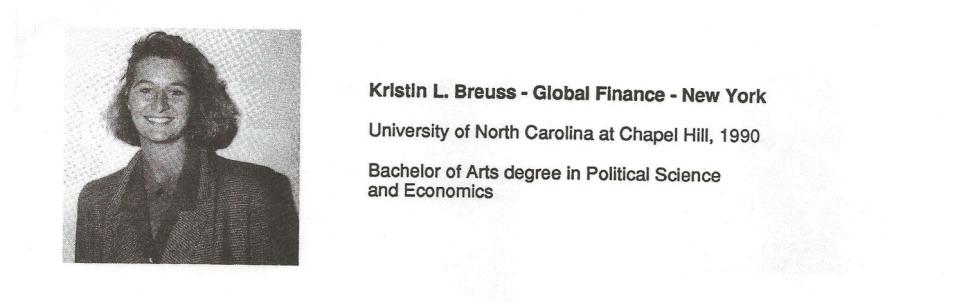 Photo of Kristin Breuss and information about her education in print.