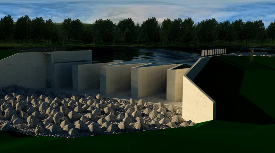 Here's a rendering of what the completed spillway will look like at Lower Woods Dam when construction wraps up next fall.